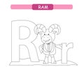 Letter R and funny cartoon ram. Animals alphabet a-z. Cute zoo alphabet in vector for kids learning English vocabulary. Printable Royalty Free Stock Photo